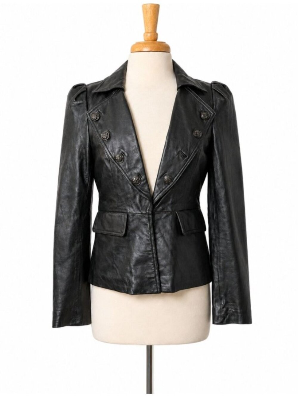 INC International Concepts Black Leather Jacket M Military Crest Button Blazer
